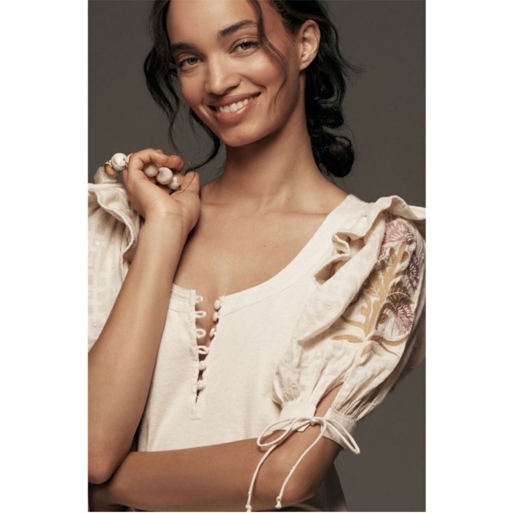 Anthropologie Cream Blouse with Embroidered Sleeves - Picture 3 of 11